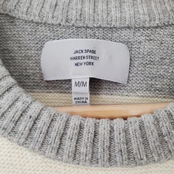 JACK SPADE Men MED Cream Gray Wide Stripe Sweater Wool Blend Crew Preppy Neutral